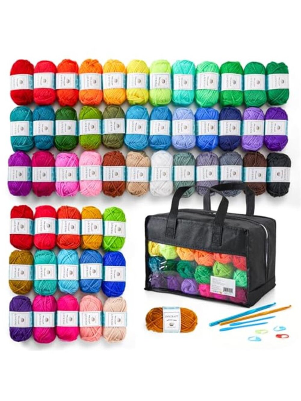 52 Colors Acrylic Yarn Kit Crochet Knitting Hooks Needles Stitch Markers Bag